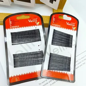 Set of 60 black wavy metal bobby pins in red and white brand card packaging