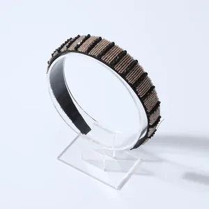 Baroque style wide beaded headband with black crystals and golden beads for women
