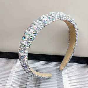 Baroque style padded sponge headband with dazzling aurora rhinestones and white pearls