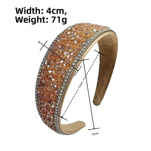 Detail shot of wide headband with amber faceted crystals and 4cm width measurement