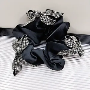 Elegant Black Satin Scrunchie For Women Fashion Hair Accessory With Rhinestone Butterfly Bow And Sparkling Crystal Strip