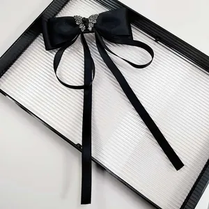 French Style Black Satin Bow Hair Clip With Rhinestone Butterfly Long Streamer Elegant Spring Clip Hair Accessories For Women