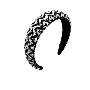 Modieuze zwart-witte kralen hoofdband met stijlvol golfpatroon voor dames en meisjes