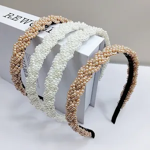 Wide Braided Faux Artificial Pearl Headband For Women Elegant Twisted Hair Band For Wedding Party Fashion Hair Accessories Headpiece