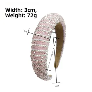 Pink velvet padded headband with white pearls and crystals showing 3cm width dimension