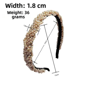 Detail view of woven pearl headband with 1.8cm width and 36g weight specification