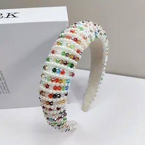Padded headband with elegant white pearls and colorful crystals for a fashion look