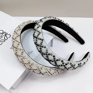 Handmade padded rhinestone headbands with diamond lattice pattern in gold and black colors