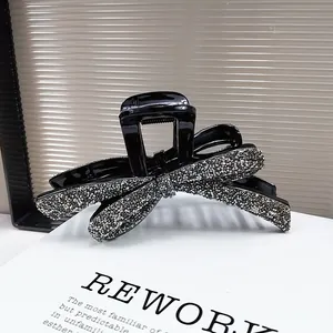 Pince à Cheveux Élégante en Nœud Avec Strass Gris Étincelants Résine Noire Brillante Grande Pince Requin Accessoires Cheveux