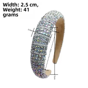 Detail view of 2.5cm wide padded headband with colorful rhinestones weighing 41g