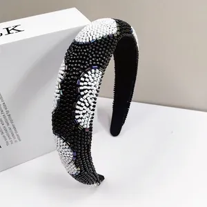 Hand-sewn beaded heart headband with black and white seed beads in a wide elegant style