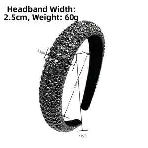 Detail showing high-end black rhinestone headband with 2.5cm width and non-slip lining