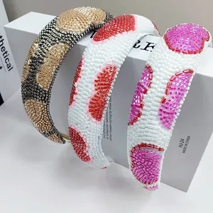 Handmade beaded headband set with heart patterns in champagne gold and pink ethnic style