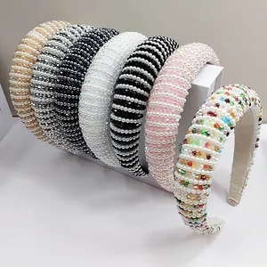 Baroque Padded Headband For Women Luxury Artificial Pearl Crystal Beaded Hair Hoop Vintage High Top Wide Hairband Party Hair Accessories