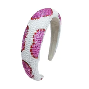Handmade beaded headband with red and pink hearts on white wide band bohto style accessory