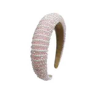 Baroque wide headband with pink crystals and pearls on high crown padded velvet frame