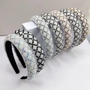 Luxury Padded Rhinestone Faux Artificial Pearl Headband Women Vintage Rhombus Hair Band Elegant Wedding Party Hair Accessories