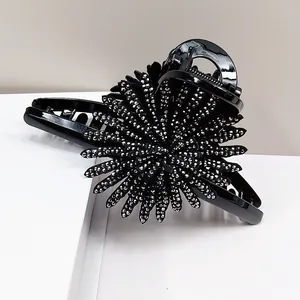 Korean Style Large Sunflower Rhinestone Hair Claw Clip Gun Black Luxury Full Diamond Shark Clip For Women Thick Hair Accessories
