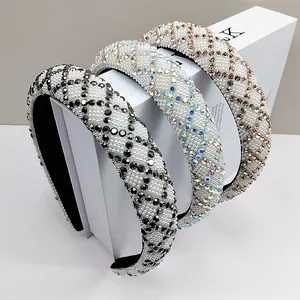 Three elegant wide headbands with pearls and colorful rhinestones in a stylish 3-piece set
