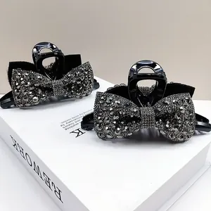 Elegant Large Bow Hair Claw Clip For Women Shiny Rhinestone Black Plastic Shark Clip Fashion Hair Styling Accessories
