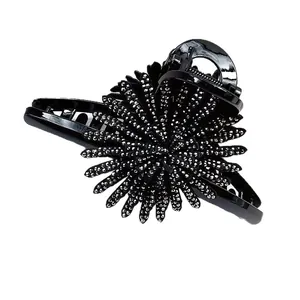 Elegant large black sunflower hair claw clip with sparkling rhinestones for women
