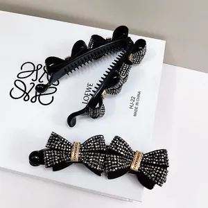 Elegant Rhinestone Bow Banana Clip Vertical Hair Claw Vintage Crystal Sparkly Black Hairpin Accessories For Women