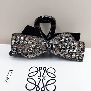 Elegant Large Rhinestone Bow Hair Claw Clip Black Acrylic Shark Clip Fashion Sparkling Hair Accessories For Women Party