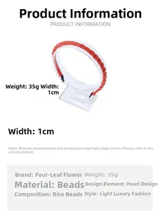 Detail view of 1cm wide red hand-woven bead headband weighing 35g with luxury pearls