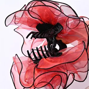 Grande pince à cheveux fleur en organza rouge avec bords en dentelle noire robuste
