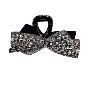 Sparkling black bow hair claw clip with rhinestones, elegant hair accessory for women