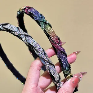Sparkling rhinestone braided headbands in rainbow and silver colors for women fashion