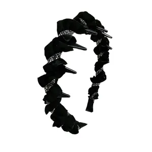 Black velvet wavy headband with sparkling rhinestones and inner hair grip clips