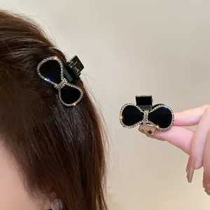 Elegante pinza de pelo con lazo negro y diamantes plateados para peinado de estilo coreano