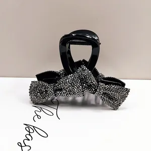 Women Bow Hair Claw Clip Shiny Rhinestone Elegant Black Resin Shark Clip Crystal Hair Accessory For Updos Daily Party
