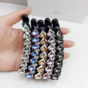 5-piece set of heart-shaped crystal banana hair clips in multi-colored aurora rhinestones