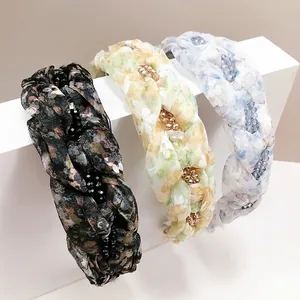 Women Floral Print Braided Headband With Artificial Crystal Rhinestones Fabric Sweet Korean Style Padded Hair Hoop Accessory