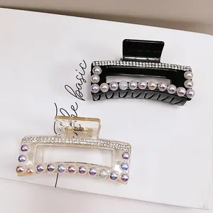 Eleganti mollette per capelli rettangolari con strass e perle iridescenti da donna
