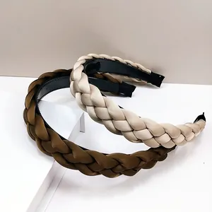 Lot de serre-têtes tressés larges en satin marron et champagne avec dents antiglisse