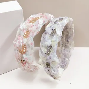 Floral crystal headbands in pink and purple, braided organza hair accessories for women