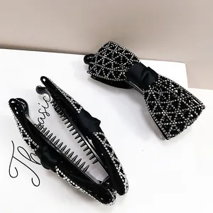 Pince banane noire élégante avec motifs strass et nœud en ruban pour accessoires cheveux