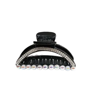 Elegante molletta per capelli nera con strass argento e perle sintetiche colorate
