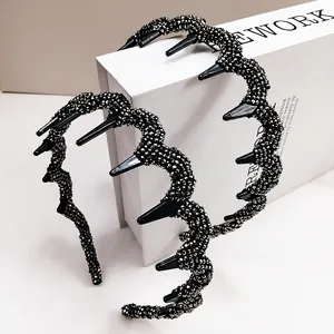 Korean Wavy Large Tooth Headband Full Rhinestones Non-Slip Hair Hoop Black Sparkling Hair Accessories For Women Fashion Headwear