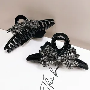 Pinza per Capelli da Donna di Lusso con Fiocco e Strass Grande Nera Clip a Squalo Forcine Eleganti Accessori per Capelli