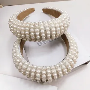 Elegant wide sponge headband with white faux pearls and silver metal chains for women