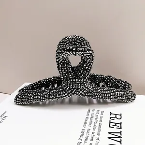Elegant Full Rhinestone Large Hair Claw Clip For Women High End Gunmetal Black Shiny Shark Clip Fashion Hair Accessories