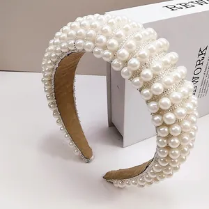 Baroque Elegant Wide Padded Sponge Artificial Pearl Headband For Women Vintage Handmade Beaded Hair Band Fashion Hair Accessories