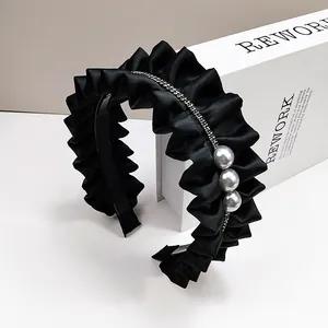 Serre-tête en Satin Plissé pour Femmes Avec Fausse Künstliche Perle Strass Large Bandeau Élégant Style Coréen Accessoire de Cheveux