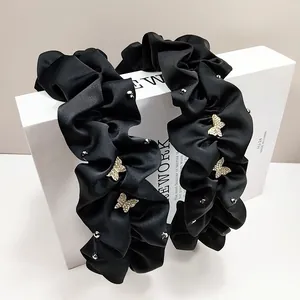 Ensemble de serre-têtes plissés en satin noir avec papillons dorés en strass