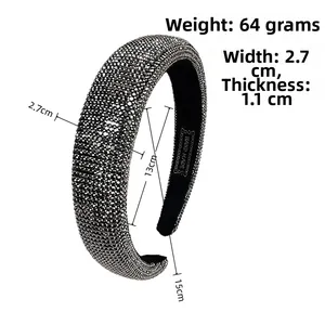 Detail view of sparkly rhinestone headband showing 2.7cm width and 1.1cm thickness