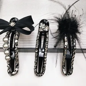 Elegant Plastic Rhinestone Artificial Pearl Hair Clips Luxury French Bowknot Feather Lazy Hair Claw For Women Party Daily Headwear